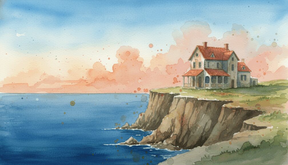 Cuento: "La casa en el acantilado y los recuerdos que susurraban al viento" 4 Mansión solitaria sobre el acantilado frente al mar al amanecer.