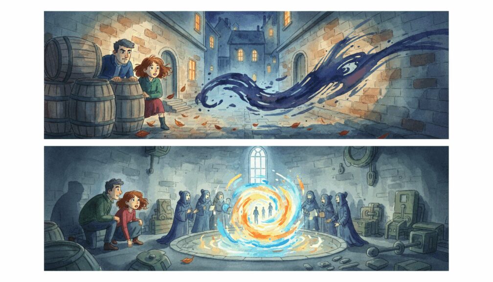 Cuento: "La sombra en el callejón y el detective que nunca descansaba" 2 Acuarela de dos escenas: Sergio y Ana ocultos tras barriles observando una sombra oscura en un callejón, y un grupo de científicos realizando un experimento interdimensional en una sala circular.