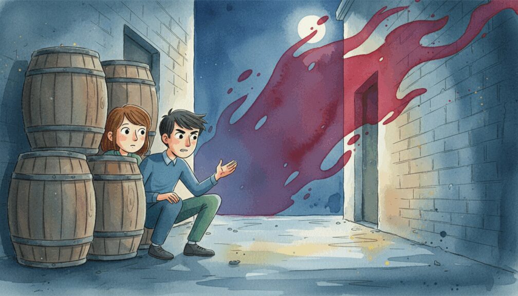 Cuento: "La sombra en el callejón y el detective que nunca descansaba" 3 Acuarela de Sergio y Ana escondidos entre barriles mientras observan una sombra rojiza entrar en un edificio abandonado.