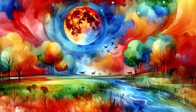 Dibujo en acuarela de la Luna roja iluminando un paisaje mágico durante una noche de misterio y aventura que cambia el destino de sus protagonistas.