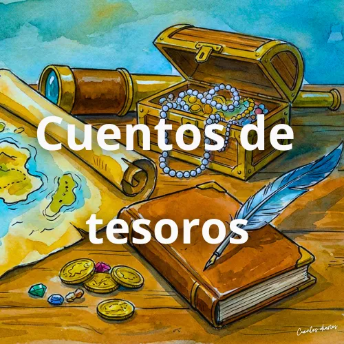 Cuentos largos para ti: Un viaje literario lleno de emociones y aventuras 25 Mapa del tesoro, cofre con joyas, libro antiguo y pluma sobre una mesa de madera.