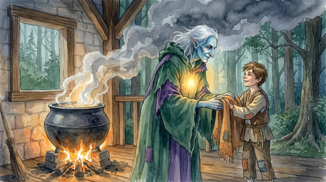 Dibujo en acuarela de la bruja Escaldufa entregando una manta a un niño dentro de su cabaña, con un caldero hirviendo y fuego encendido.