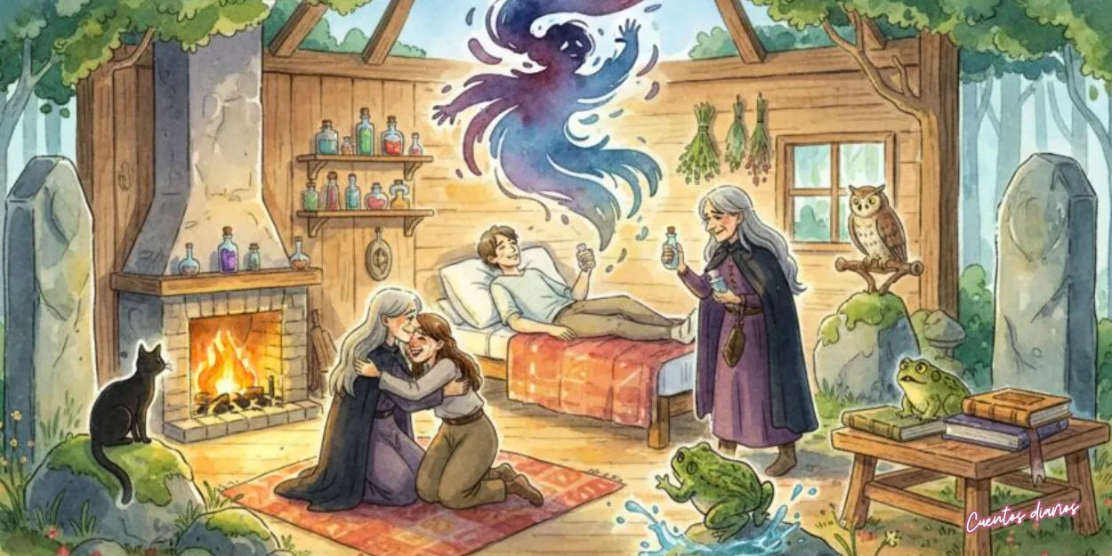 Ritual mágico en una cabaña donde una bruja y una joven ayudan a un muchacho hechizado con pociones y energía sobrenatural.