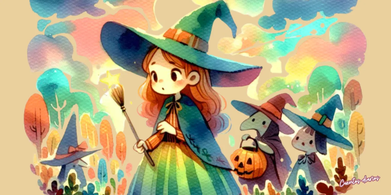 Dibujo en acuarela de una joven bruja caminando por el bosque con sombrero puntiagudo, escoba y criaturas mágicas durante la noche.