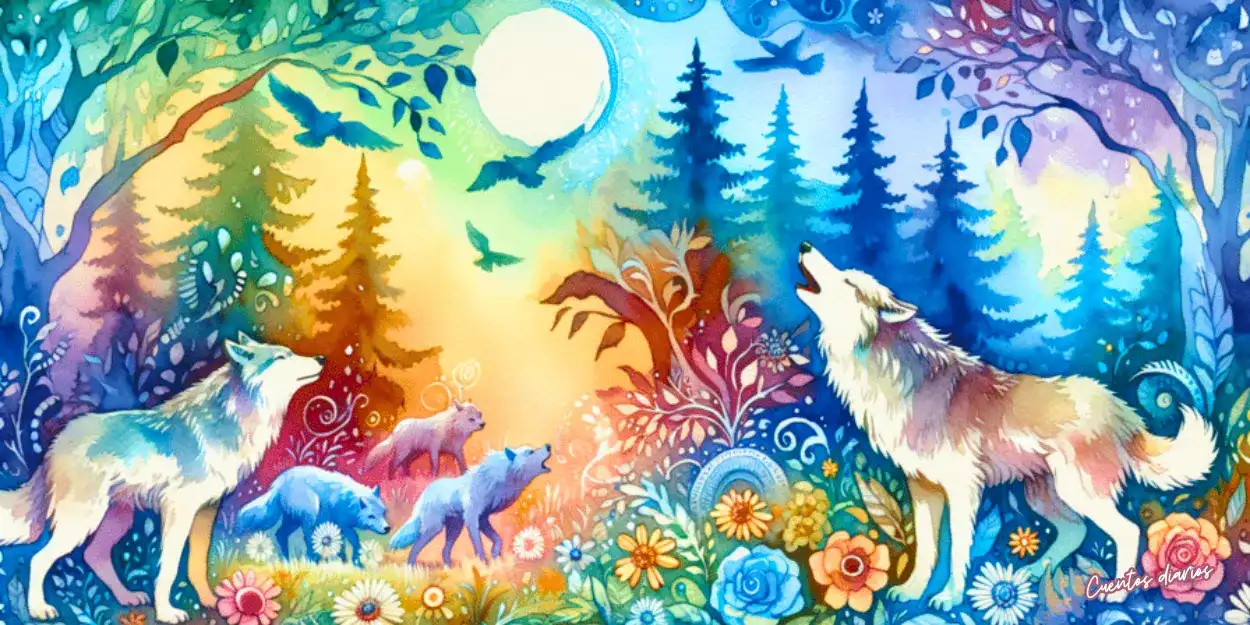 Cuento: "Ecos del aullido antiguo: El lobo que conectó dos mundos" 1 Manada de lobos aullando bajo la luna en un bosque mágico lleno de flores y colores.