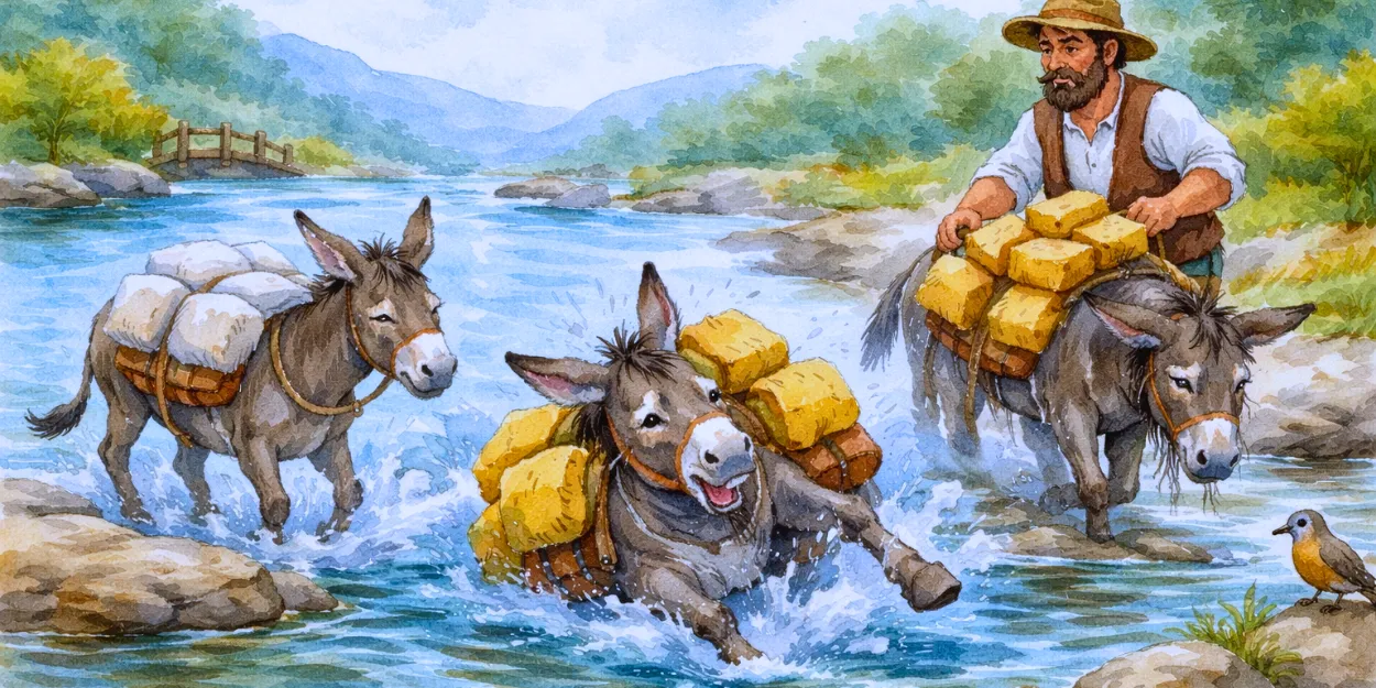 Dibujo en acuarela del cuento El burro más listo del mundo, con un burro cruzando un río cargado con esponjas pesadas, aprendiendo una lección sobre la honestidad y la verdadera inteligencia.