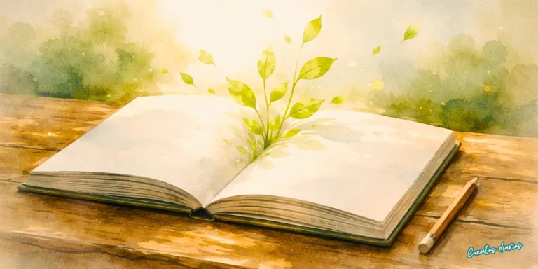 Dibujo en acuarela minimalista de un cuaderno abierto con páginas en blanco del que brotan hojas verdes, símbolo de un nuevo comienzo sin presión ni metas impuestas.