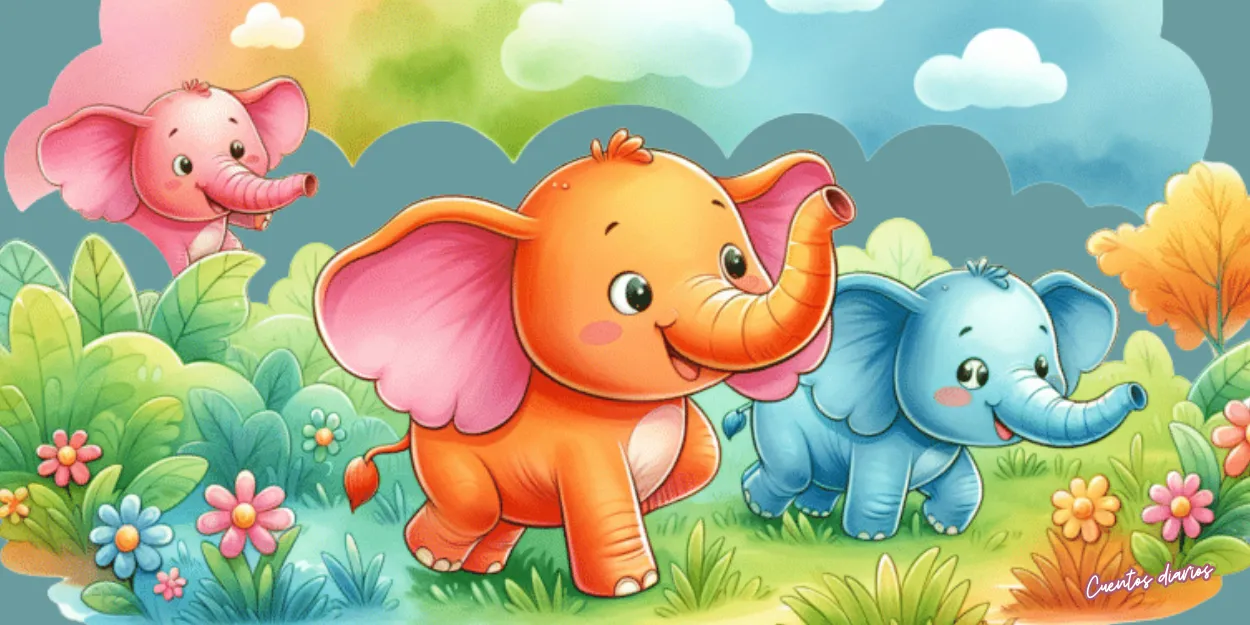 Elefantes bebés de colores caminando entre flores en un entorno alegre y natural.