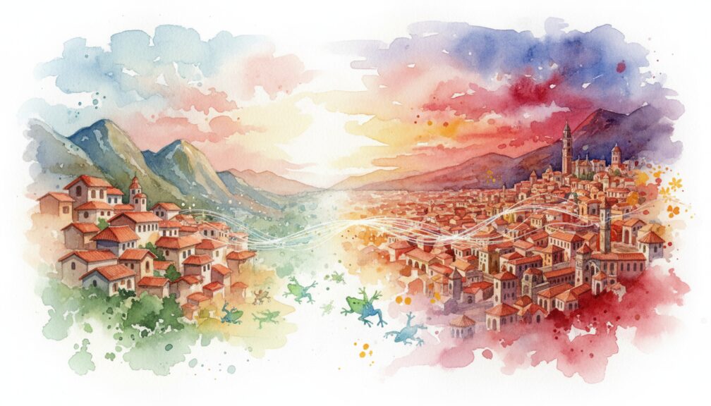 Dos pueblos conectados por hilos invisibles entre montañas y atardecer.