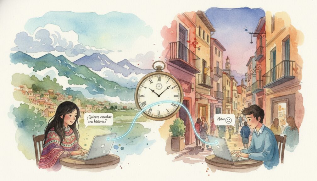 Jóvenes conectados por laptop y un reloj entre continentes.