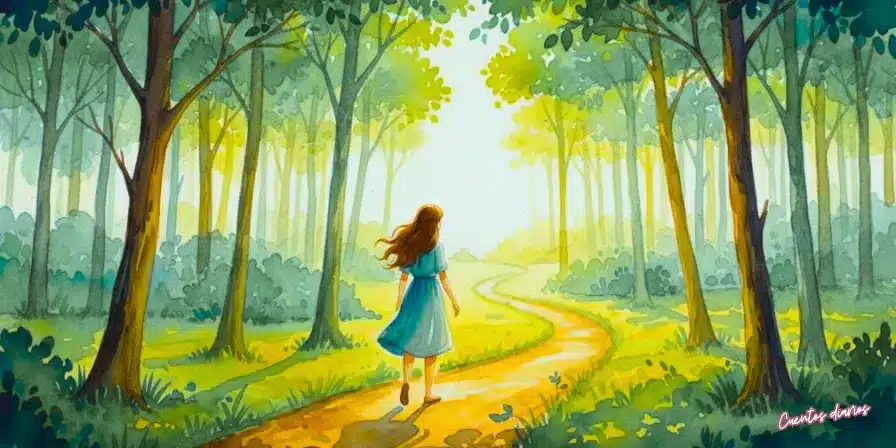 Cuento: "El puente de cristal y los caminos cruzados de dos desconocidos" 6 Mujer caminando hacia una zona luminosa del bosque siguiendo un sendero rodeado de árboles verdes en acuarela.