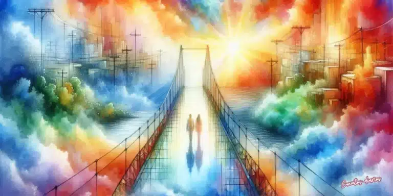 Pareja caminando sobre un puente de cristal hacia una ciudad luminosa rodeada de nubes de colores en acuarela.