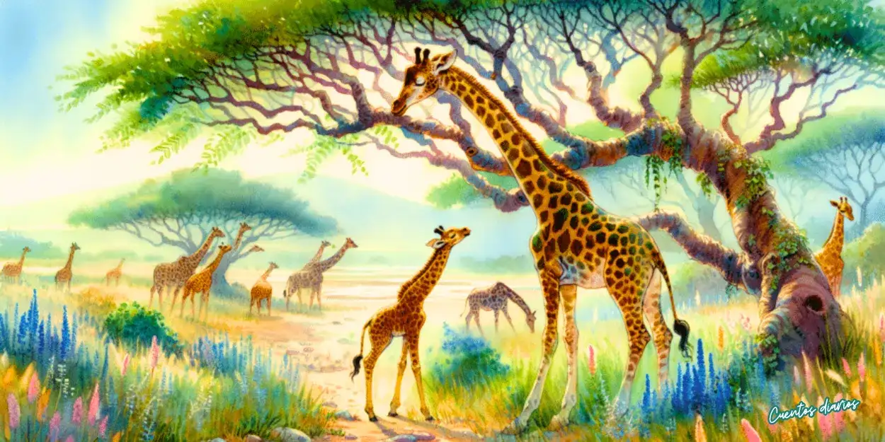 Cuento: "El susurro de la Acacia Sabia y la jirafa" 1 Grupo de jirafas en la sabana africana bajo árboles de acacia.