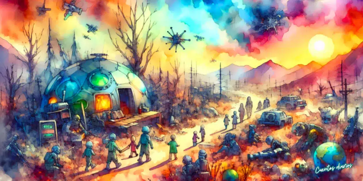 Refugio futurista en un paisaje postapocalíptico con humanos huyendo bajo un cielo incendiado.