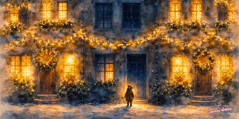 Dibujo en acuarela de una calle en Navidad con luces cálidas y una única ventana oscura, frente a la cual se ve una pequeña silueta, simbolizando la soledad y la luz compartida.