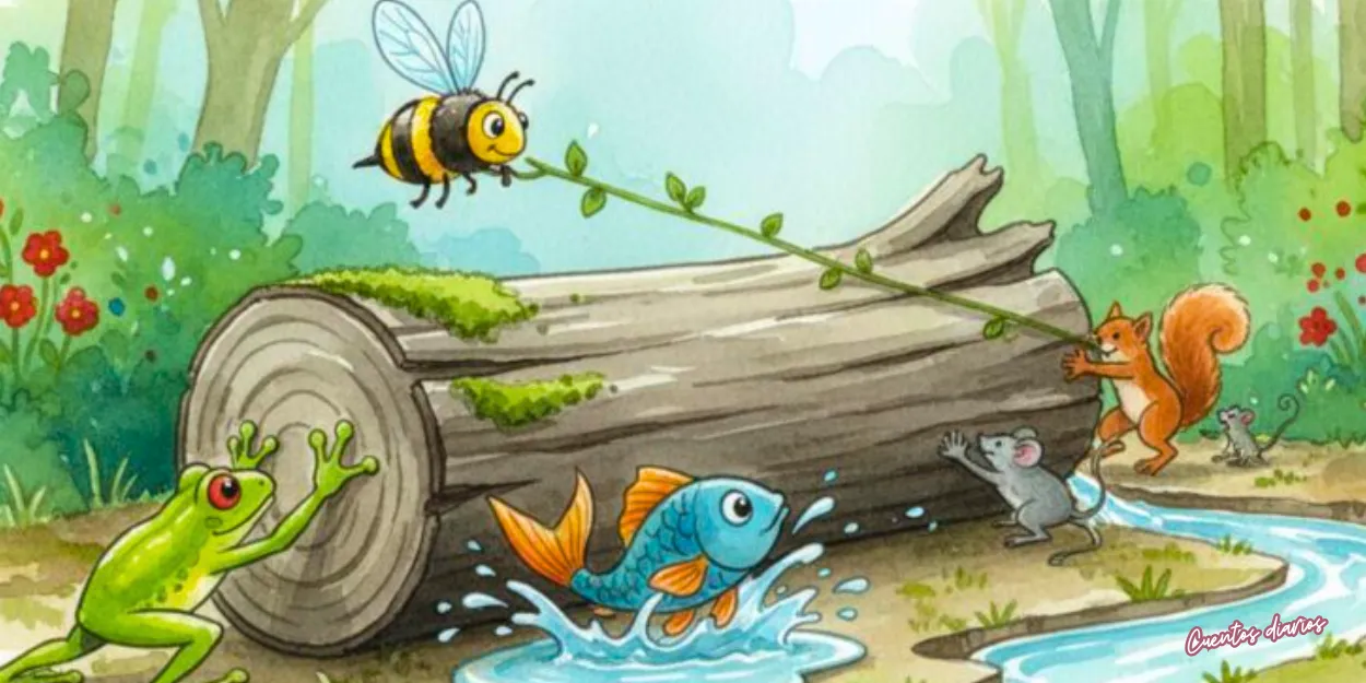 Cuento: "Fábula del agua que fluye" 2 Animales del bosque colaborando para mover un tronco que bloquea el arroyo, con sapo, pez, abeja y otros animales.