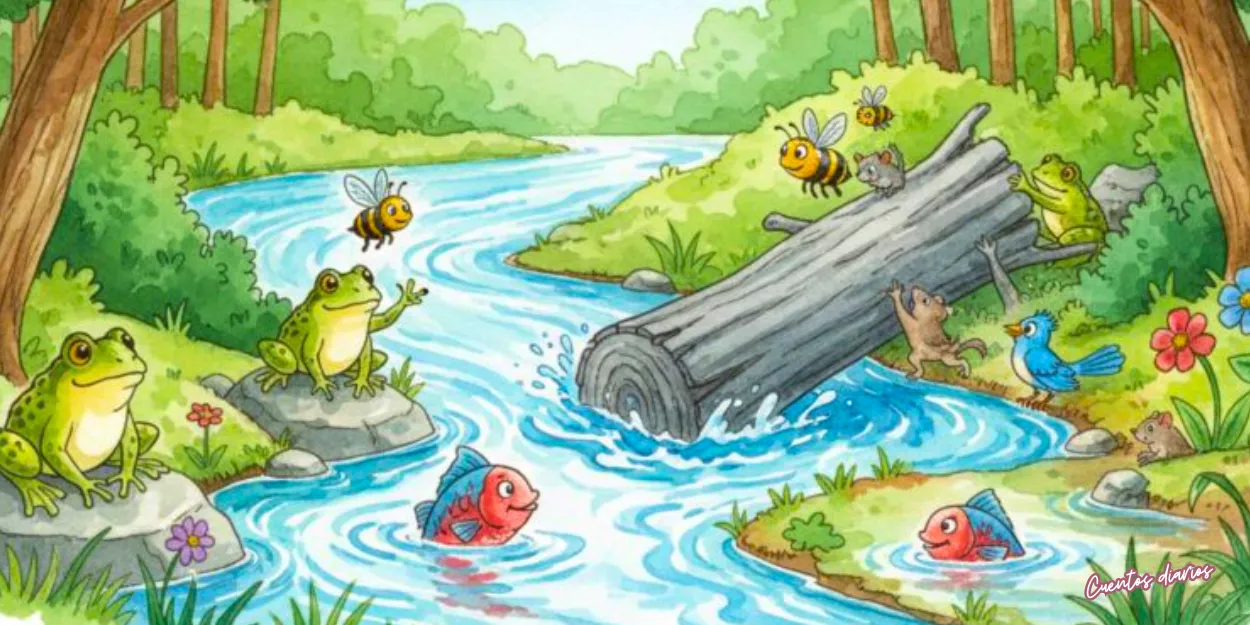 Cuento: "Fábula del agua que fluye" 3 Arroyo del bosque fluyendo nuevamente con peces, sapos y animales felices tras retirar la obstrucción del agua.