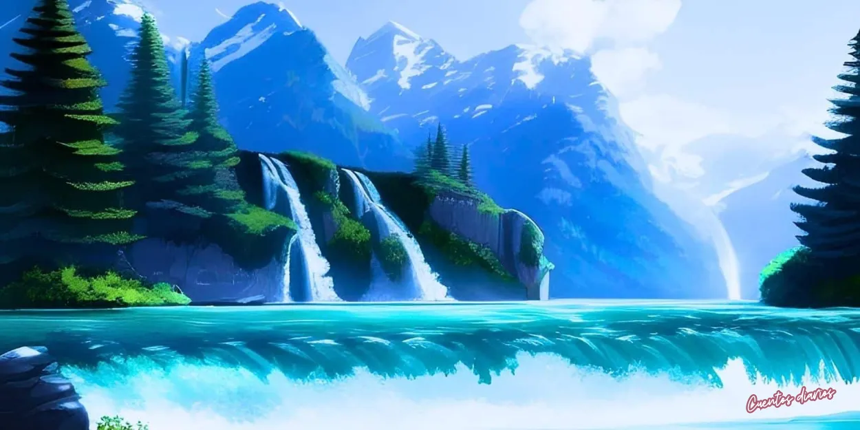 Cuento: "Fábula del agua que fluye" 1 Paisaje ilustrado de un río de agua cristalina con cascadas, montañas y bosque verde que representa el ciclo natural del agua.