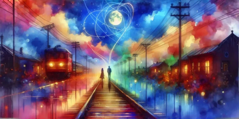 Pareja en las vías del tren bajo la luna conectados por hilos luminosos title: Ilustración de amor a distancia bajo la luna y el hilo del destino.