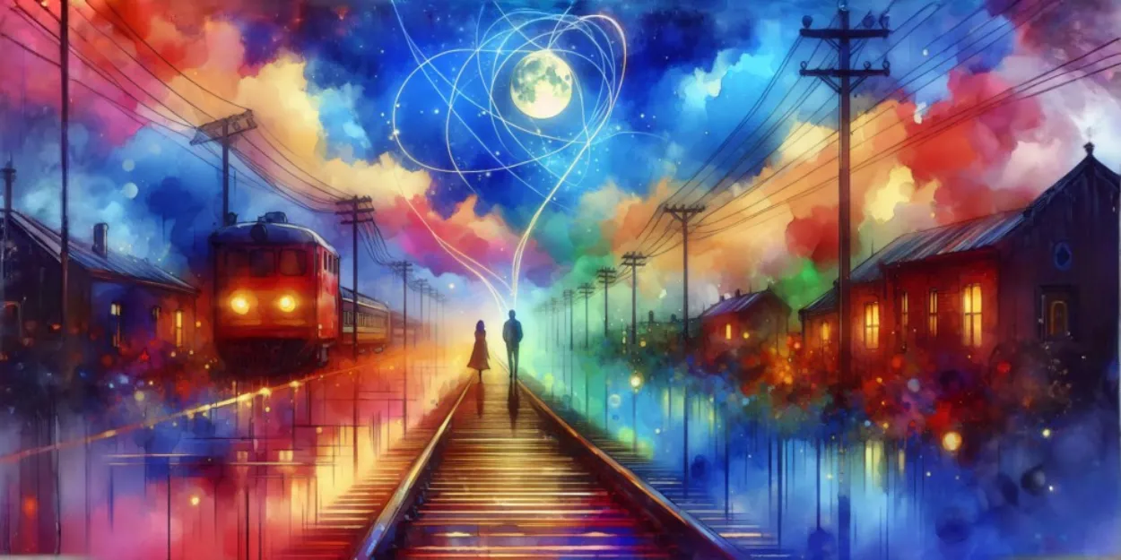 Pareja en las vías del tren bajo la luna conectados por hilos luminosos title: Ilustración de amor a distancia bajo la luna y el hilo del destino.