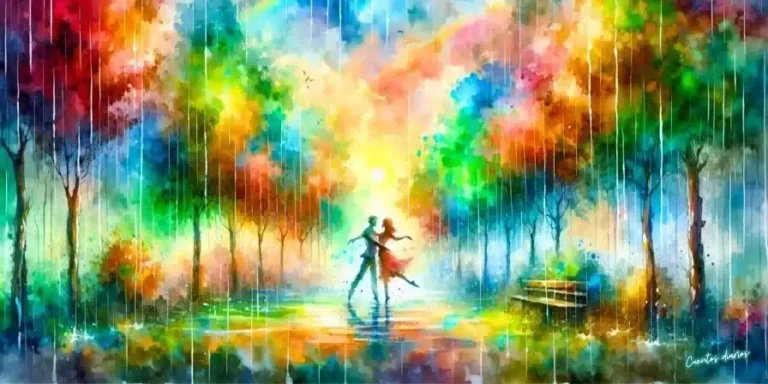 Pareja bailando bajo la lluvia en un parque olvidado durante una romántica historia de amor.