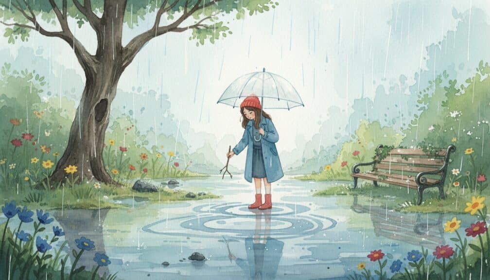 Ilustración en acuarela de una mujer (Lucía) dibujando con un palo sobre el pavimento mojado en un parque olvidado. Sostiene un paraguas transparente bajo la lluvia, con charcos alrededor y árboles antiguos.