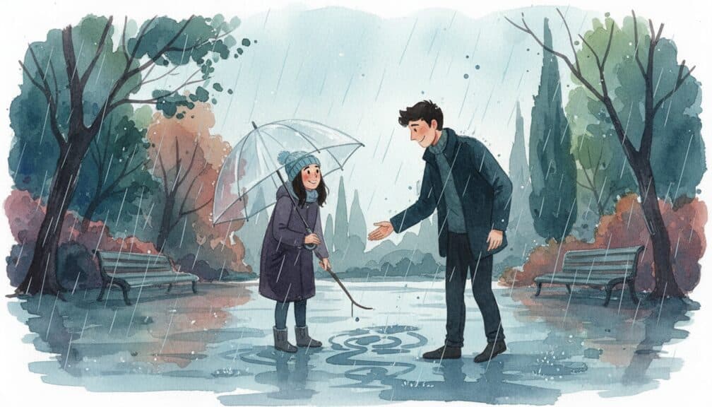 Acuarela de un encuentro romántico bajo la lluvia en un parque abandonado. Un hombre (Alejandro) extiende la mano a una mujer (Lucía), invitándola a bailar. Ambos están parados en un charco, bajo un paraguas transparente.