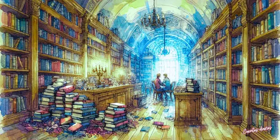 Dibujo en acuarela de una biblioteca antigua con estantes altos repletos de libros, montones desordenados en el suelo y dos personas conversando junto a una mesa iluminada.