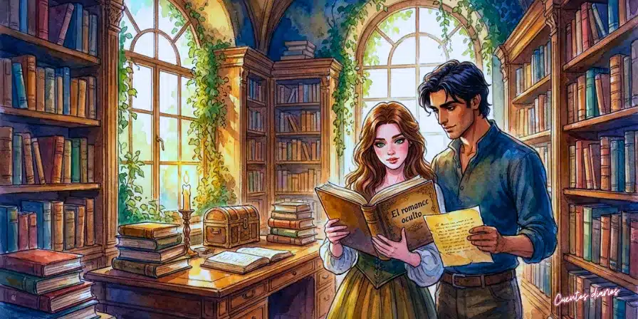 Acuarela de una joven bibliotecaria y un arqueólogo revisando un libro antiguo titulado “El romance oculto” en una biblioteca luminosa.