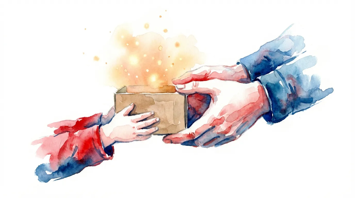 Acuarela de un niño abriendo una pequeña caja de cartón de la que emana una intensa luz mágica dorada, simbolizando el valor incalculable de los momentos compartidos.