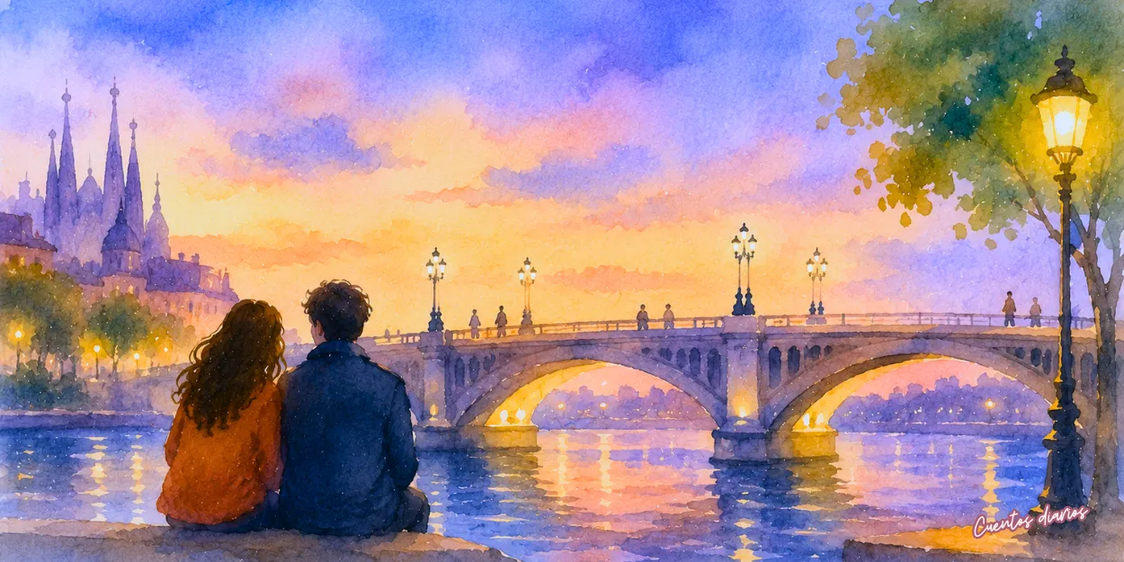 Dibujo en acuarela de una pareja contemplando un puente iluminado al atardecer en la ciudad de las luces, inspirado en el cuento La ciudad de las luces y el encuentro inesperado.