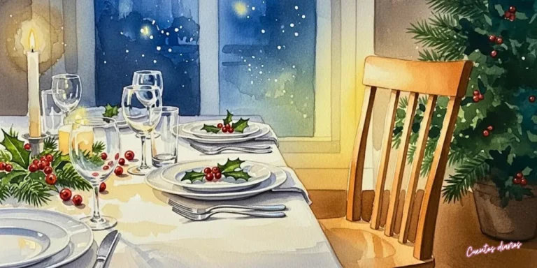 Ilustración en acuarela de una mesa de cena de Navidad decorada con velas, acebo y vajilla blanca. En primer plano, una silla de madera vacía está bañada por una luz cálida y suave, simbolizando la memoria de un ser querido ausente durante la Nochebuena.