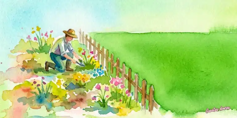 Ilustración estilo acuarela dividida por una valla, mostrando a la izquierda un césped verde y perfecto pero artificial, y a la derecha un jardín natural con flores imperfectas y malas hierbas, representando una historia sobre la autenticidad.