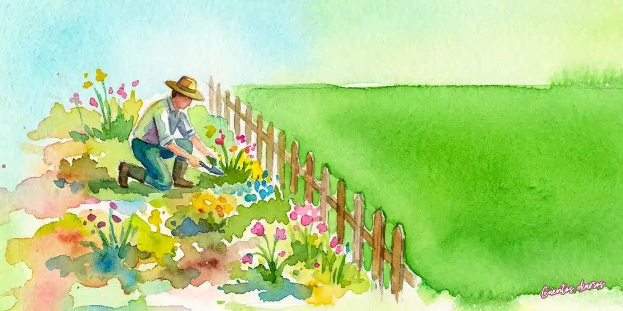 Cuento muy corto: "La sorpresa del jardinero" 1 Ilustración estilo acuarela dividida por una valla, mostrando a la izquierda un césped verde y perfecto pero artificial, y a la derecha un jardín natural con flores imperfectas y malas hierbas, representando una historia sobre la autenticidad.