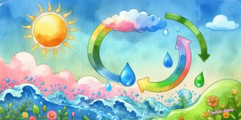 Dibujo en acuarela del ciclo del agua con sol, nubes, flechas de colores y gotas viajando entre océanos, montañas y vegetación.