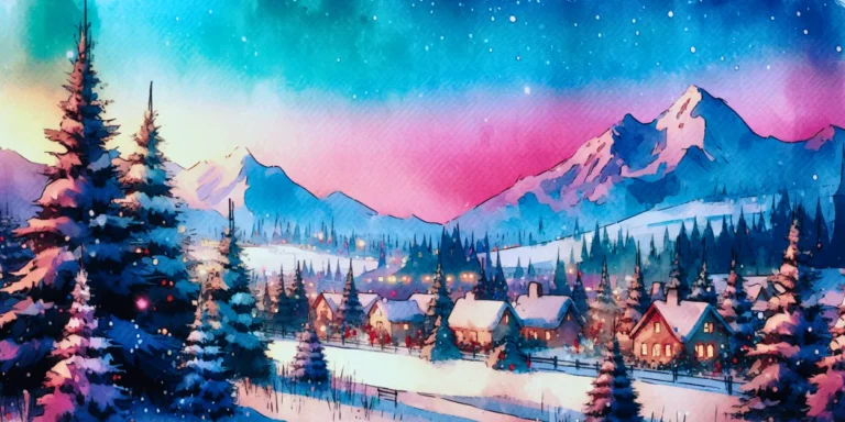 Dibujo en acuarela de un pueblo navideño cubierto de nieve con casas iluminadas, bosque de abetos y montañas bajo un cielo estrellado.