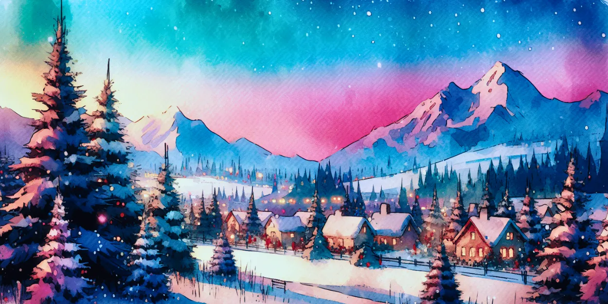 Dibujo en acuarela de un pueblo navideño cubierto de nieve con casas iluminadas, bosque de abetos y montañas bajo un cielo estrellado.