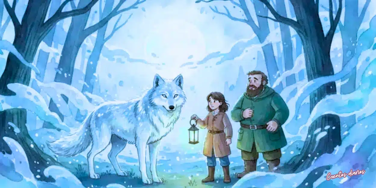 Cuento: "Sombras entre la Niebla: El Misterio del Lobo Fantasma" 3 Hombre, niña y lobo blanco en un bosque nevado bajo la luz de la luna.