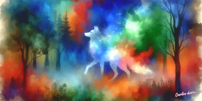 Lobo fantasmal con cuerpo de luces y estrellas caminando entre un bosque multicolor.