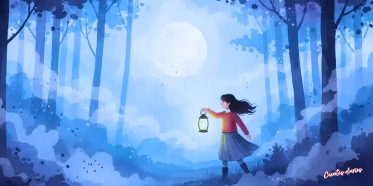 Cuento: "Sombras entre la Niebla: El Misterio del Lobo Fantasma" 4 Niña sosteniendo una linterna mientras contempla la luna en un bosque nevado.