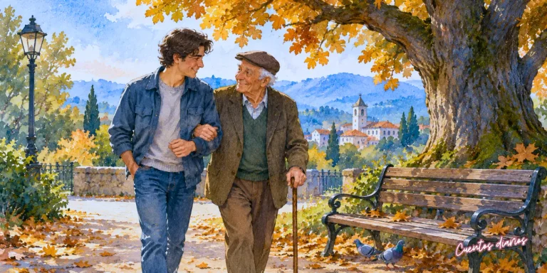 Miguel pasea junto al anciano Sebastián por un parque en otoño mientras conversan sobre las lecciones de la vida.