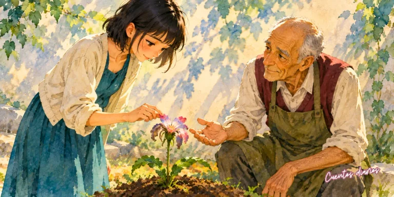 Alba cuida una flor marchita junto al anciano jardinero Mateo en el jardín de Monteluz, escena de un cuento sobre el paso del tiempo y la belleza.