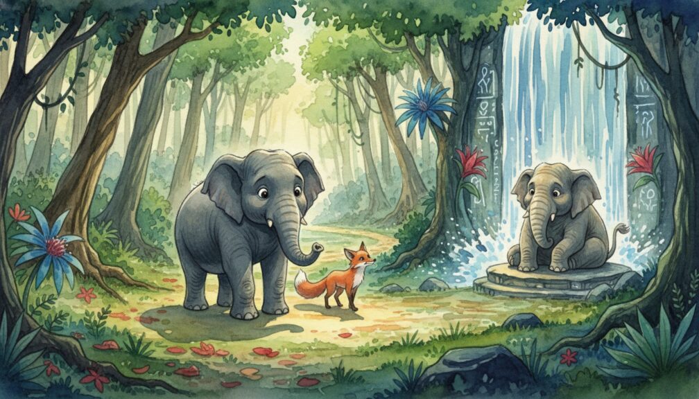 Elefante joven hablando con una zorra frente a una anciana elefanta junto a una cascada.