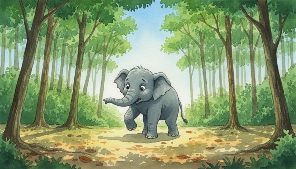 Elefante solo y confundido en medio de un claro del bosque.