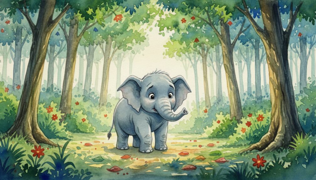 Elefante pequeño caminando entre árboles y flores en el bosque con expresión de asombro.