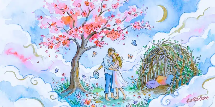 Cuento muy corto: "La nostalgia del futuro" 1 Pareja abrazada bajo un cerezo florecido en un jardín mágico entre nubes y mariposas, ilustración en acuarela.