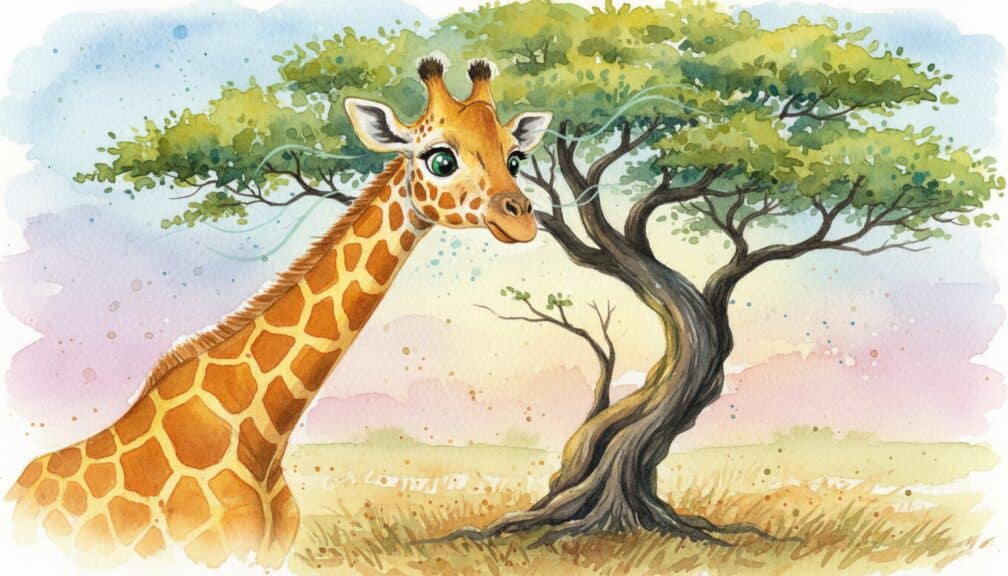 Cuento: "El susurro de la Acacia Sabia y la jirafa" 2 Jirafa joven de estilo infantil al lado de una acacia en la sabana.