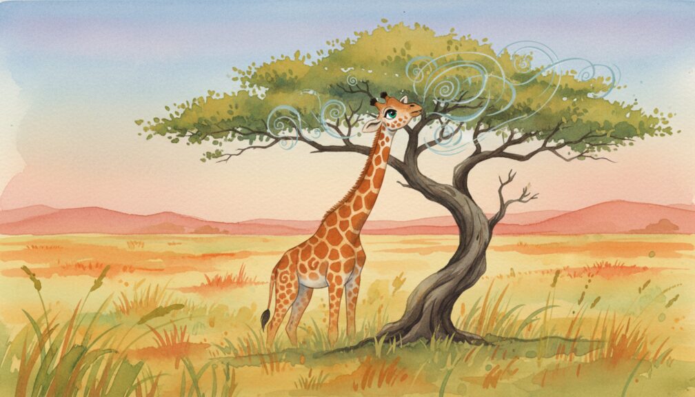 Cuento: "El susurro de la Acacia Sabia y la jirafa" 3 Jirafa comiendo hojas de una acacia en la sabana al atardecer.