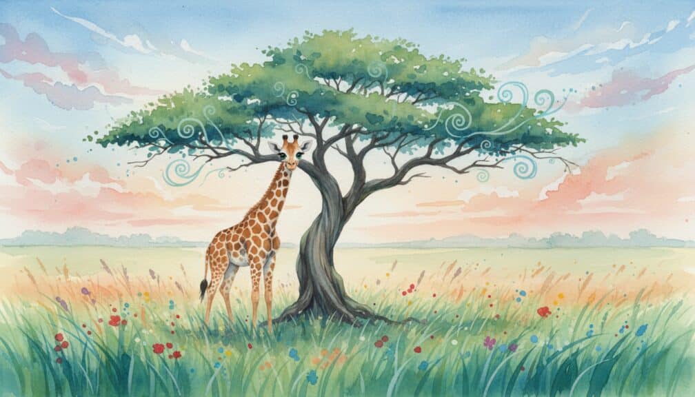 Cuento: "El susurro de la Acacia Sabia y la jirafa" 4 Jirafa junto a una acacia en una pradera verde al amanecer.