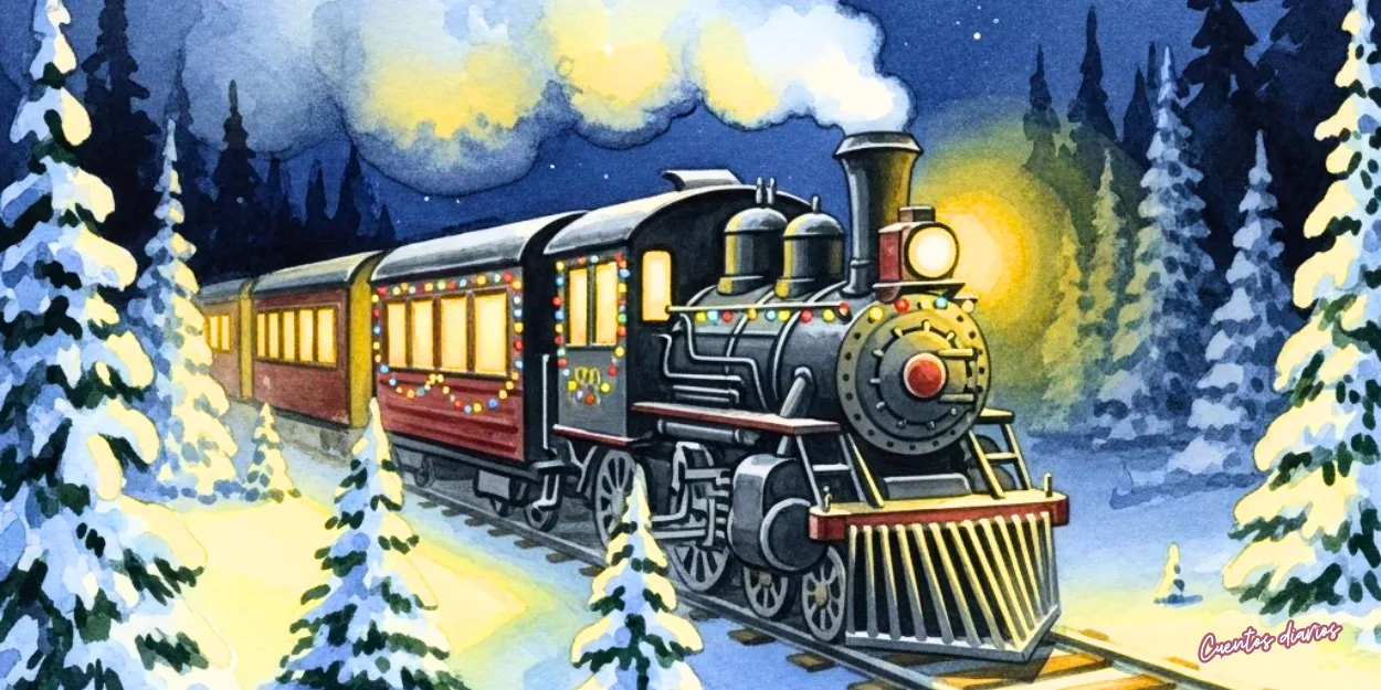 Ilustración en estilo acuarela del Tren de la Navidad atravesando un paisaje nocturno y nevado. El tren de vapor emite un humo blanco y sus ventanas brillan con luces cálidas, simbolizando el calor de los recuerdos y las tradiciones familiares en invierno.